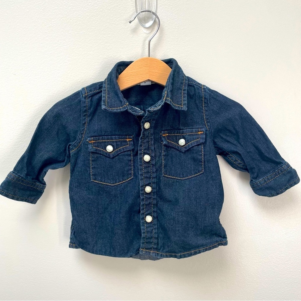 Baby Gap dark wash denim button up, mother of pearl snaps, 3-6 months